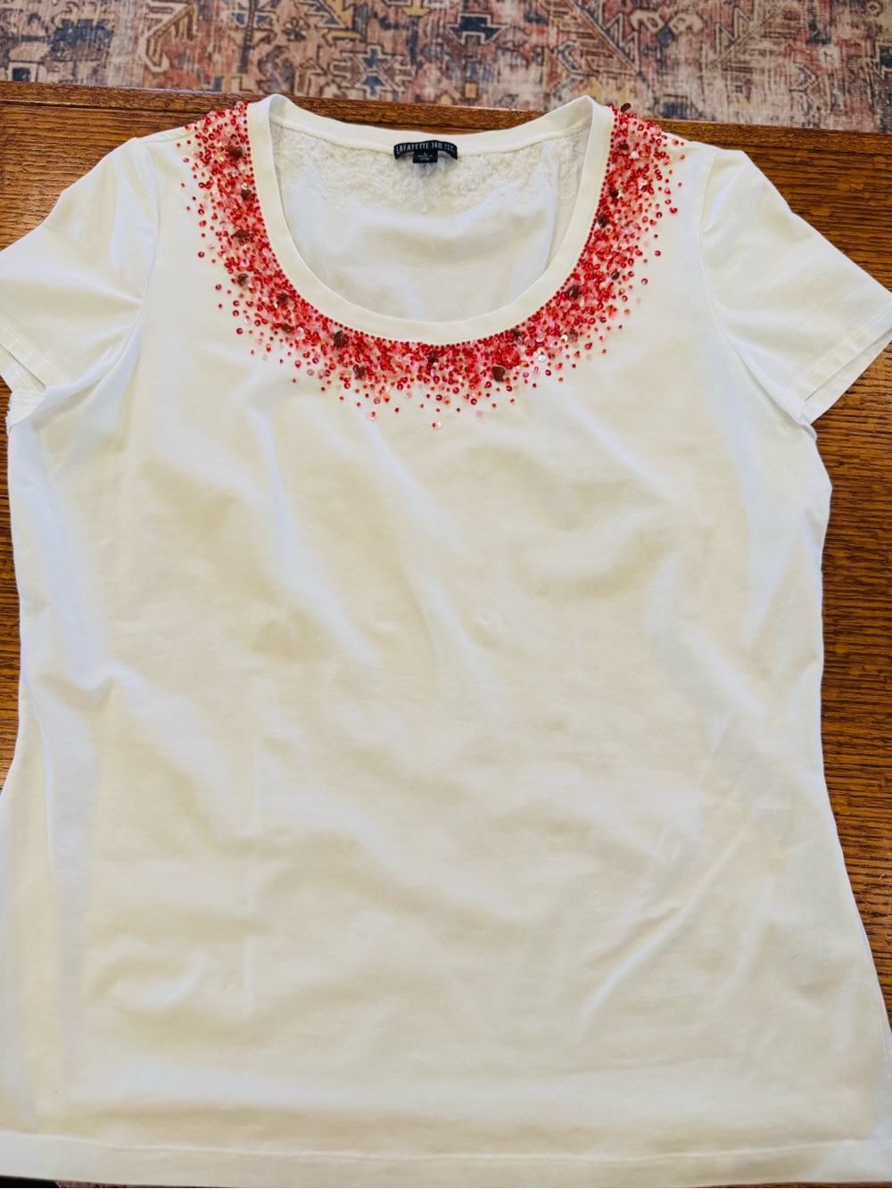 Vintage Lafayette NY Short-Sleeve Scoop Neck Top with Red Embellished Neckline